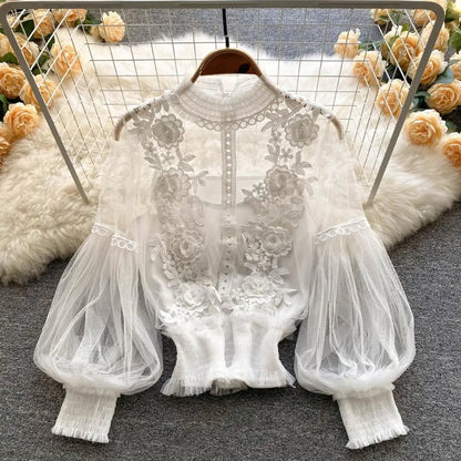 Lace Puff Long Sleeve Blouse Vintage Fashion Blouses Elegant Femme Blusas Korean Woman Tops Women Shirts Clothing Dropshipping