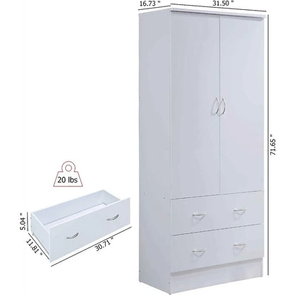 2 door wooden wardrobe bedroom closet, Cabinet equipped with clothes drying rod and 2 storage drawers, White