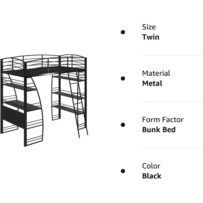 Studio Loft Bunk Bed Over Desk and Bookcase with Metal Frame - Twin (Gray)