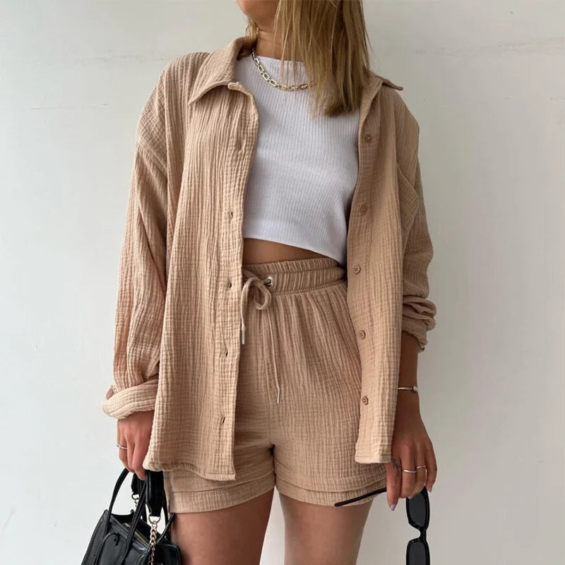 Solid Pleated Two Piece Set for Women 2023 Summer Women's Two Piece Casual Long Sleeve Short Sets Fashion Button Outfits Suit