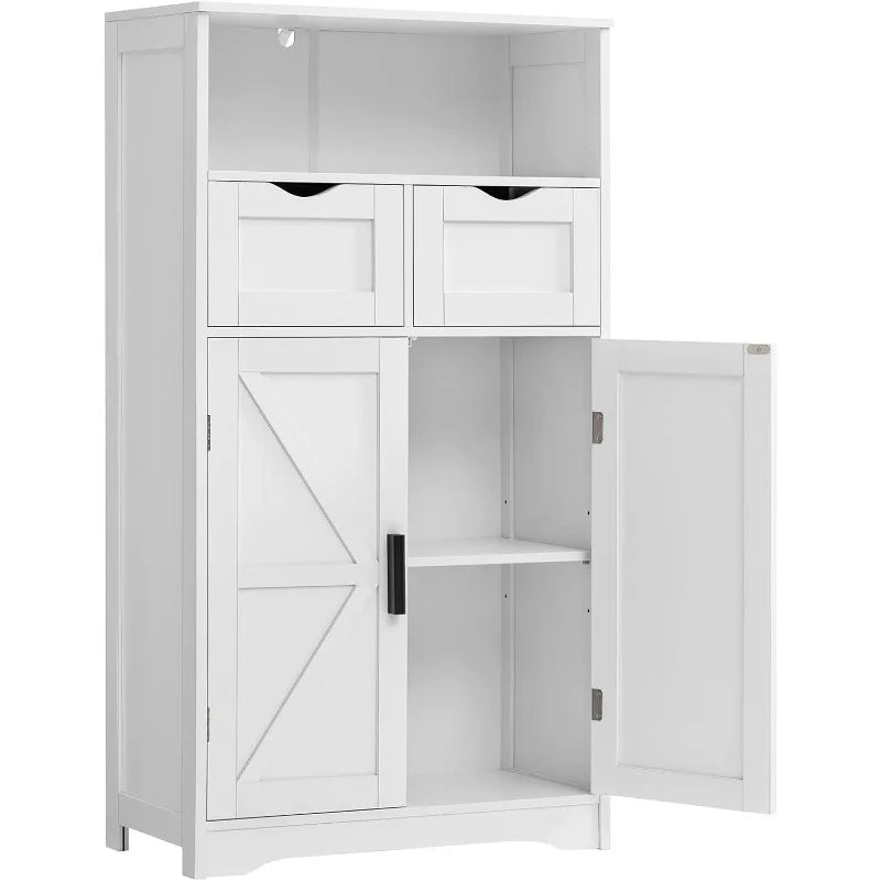 Floor Storage Cabinet with 2 Adjustable Drawers & 2 Barn Doors, Standing Cupboard with 2 Shelf, for Living Room, Home Office