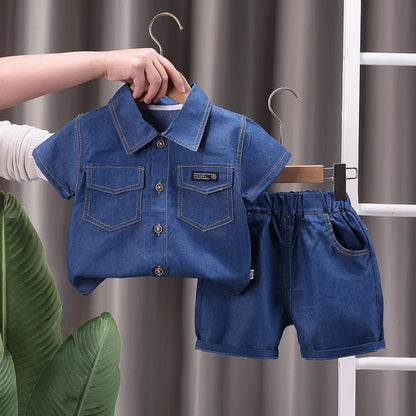 Toddler Summer Baby Boys Clothes Suits Kids Denim Lapel Short Sleeve Tops Shorts 2Pcs/Set Infant Casual Outfits Child Tracksuit