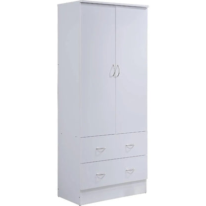 2 door wooden wardrobe bedroom closet, Cabinet equipped with clothes drying rod and 2 storage drawers, White