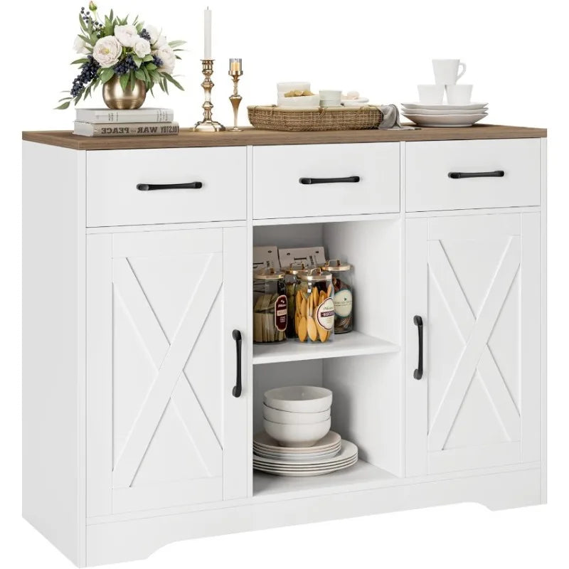 Modern Farmhouse Buffet Storage Cabinet, Barn Doors Wood Sideboard with Drawers and Shelves For Coffee Bar, Kitchen, Dining Room