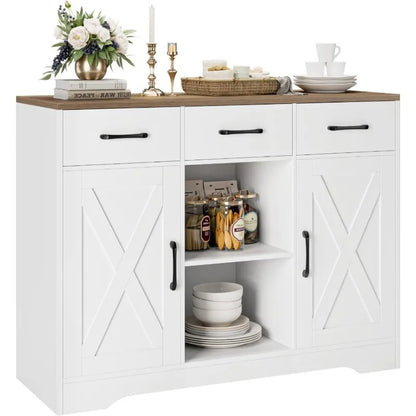 Modern Farmhouse Buffet Storage Cabinet, Barn Doors Wood Sideboard with Drawers and Shelves For Coffee Bar, Kitchen, Dining Room