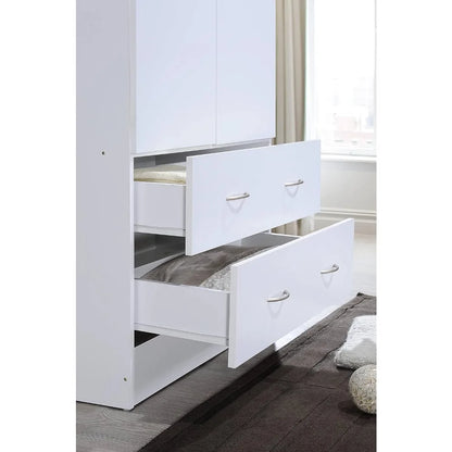 2 door wooden wardrobe bedroom closet, Cabinet equipped with clothes drying rod and 2 storage drawers, White