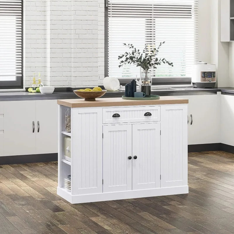 Fluted-Style Wooden Kitchen Island, Storage Cabinet w/Drawer, Open Shelving, and Interior Shelving for Dining Room, White