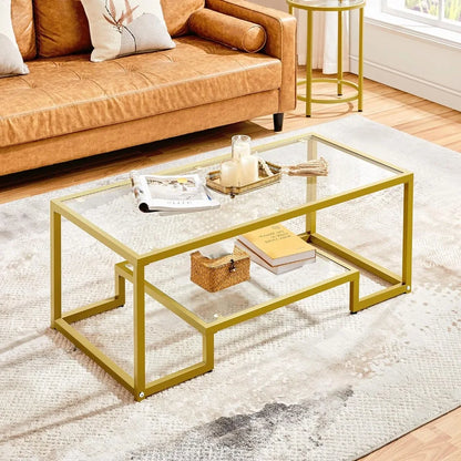 Yaheetech Gold Coffee Table, 42" Rectangular Glass Coffee Table for Living Room, 2-Tier Center Tea Table with Metal Frame