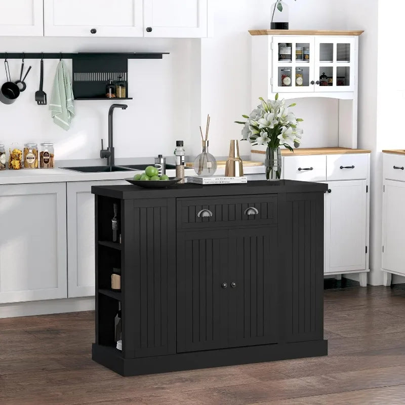 Fluted-Style Wooden Kitchen Island, Storage Cabinet w/Drawer, Open Shelving, and Interior Shelving for Dining Room, White