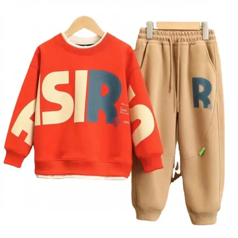 Korea Style Autumn Casual Kids Clothes Boy Set Letter Pullover Sweatshirt Top and Jogger Pants Suit Kids Tracksuit 5-14 Years