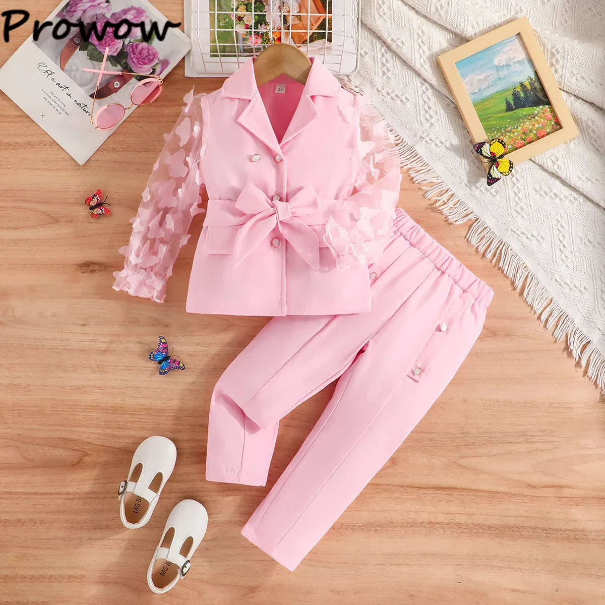 Prowow Children's Suit For Girls Blazer Luxury Clothing Turn-Down Collar Butterfly Sleeve Jacket+Pink Pants Kids Clothes Girls