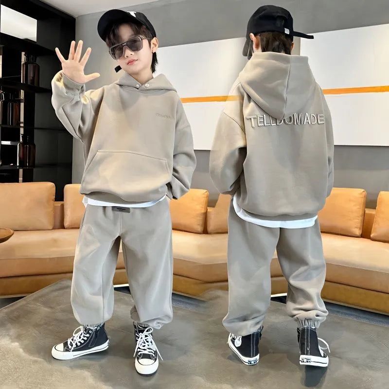 Spring Autumn Kids Clothes Boy 2Pcs Set Children Letter Hooded Pullover Top and Pant Outfits Kid Tracksuits 5 7 9 11 13 15 Years