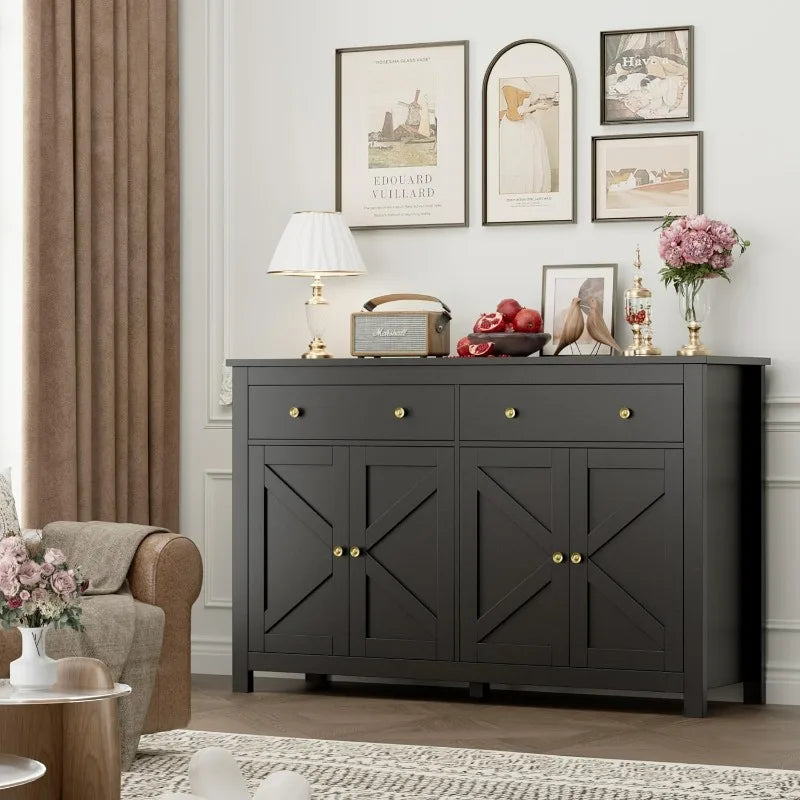 FOTOSOK Black Sideboard Buffet Cabinet with Storage, 55.1" Large Buffet Cabinet Kitchen Cabinet with 2 Drawers and 4 Doors