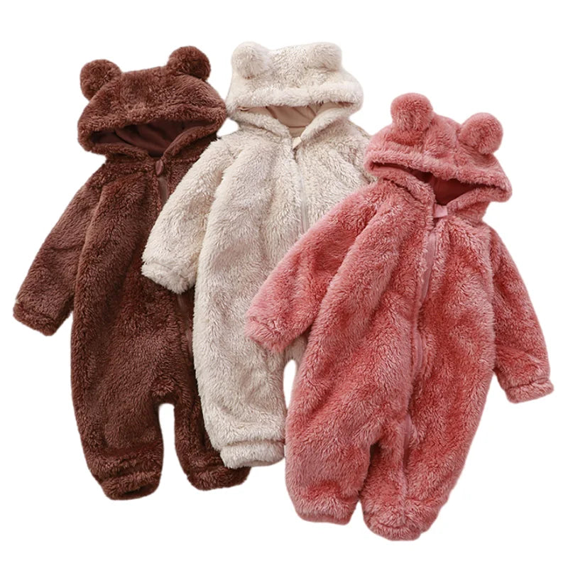 Thick Warm Baby Cute Winter Infant Jumpsuits Hooded Coral Fleece Bear Shape Newborn Soft Pajamas Overalls Clothing