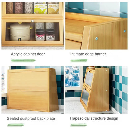 Bamboo Kitchen Storage Cabinet with Acrylic Door Tableware Storage Rack Desktop Storage Drawers Organizer Dish Display Cabinet