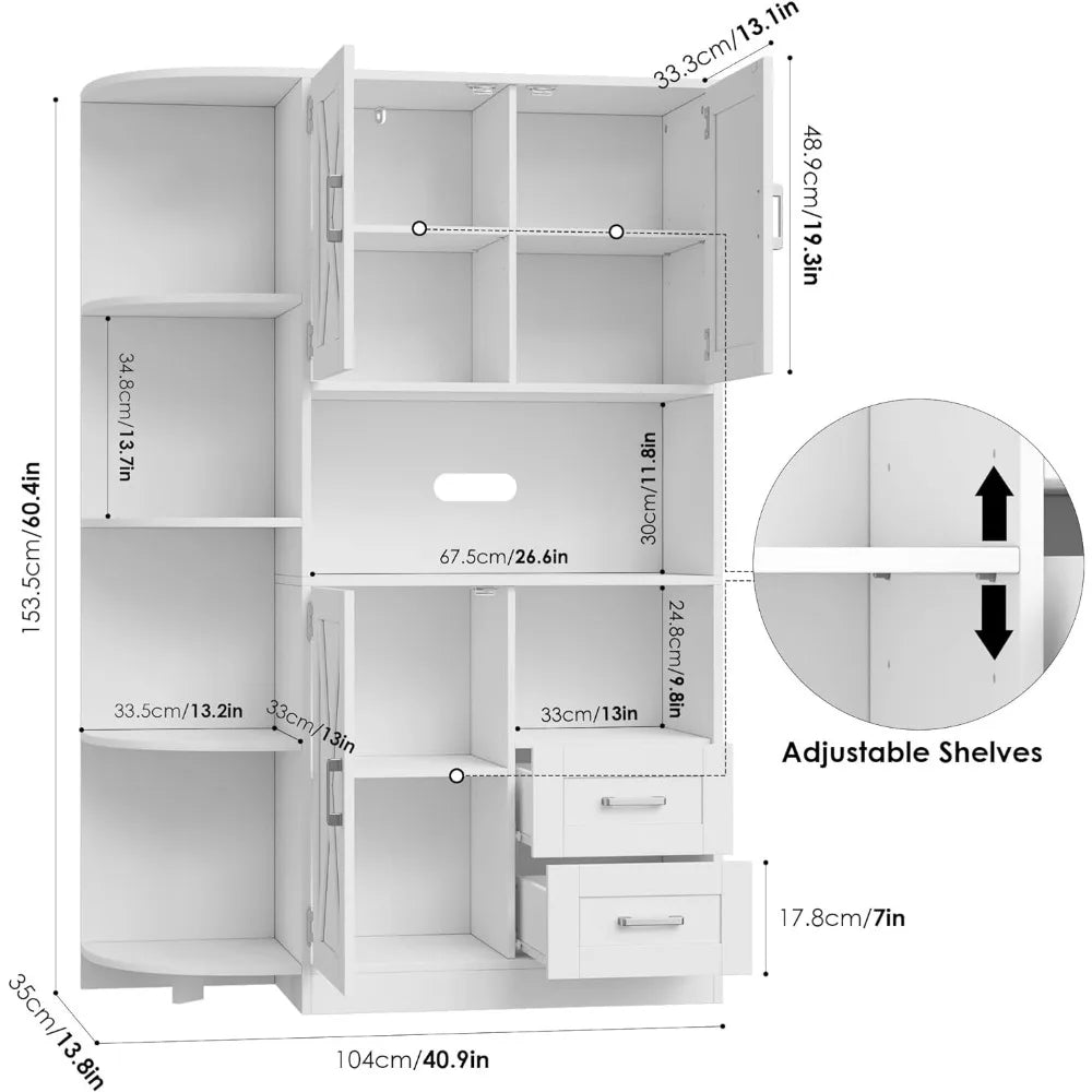 60.4" Farmhouse Kitchen Pantry Storage Cabinet, Freestanding Hutch with Doors & Shelves,Coffee Bar with Drawers