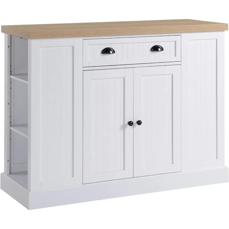 Fluted-Style Wooden Kitchen Island, Storage Cabinet w/Drawer, Open Shelving, and Interior Shelving for Dining Room, White