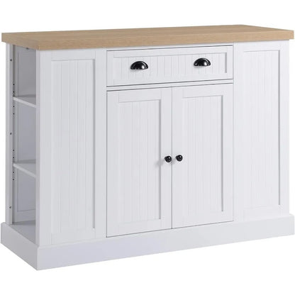 Fluted-Style Wooden Kitchen Island, Storage Cabinet w/Drawer, Open Shelving, and Interior Shelving for Dining Room, White