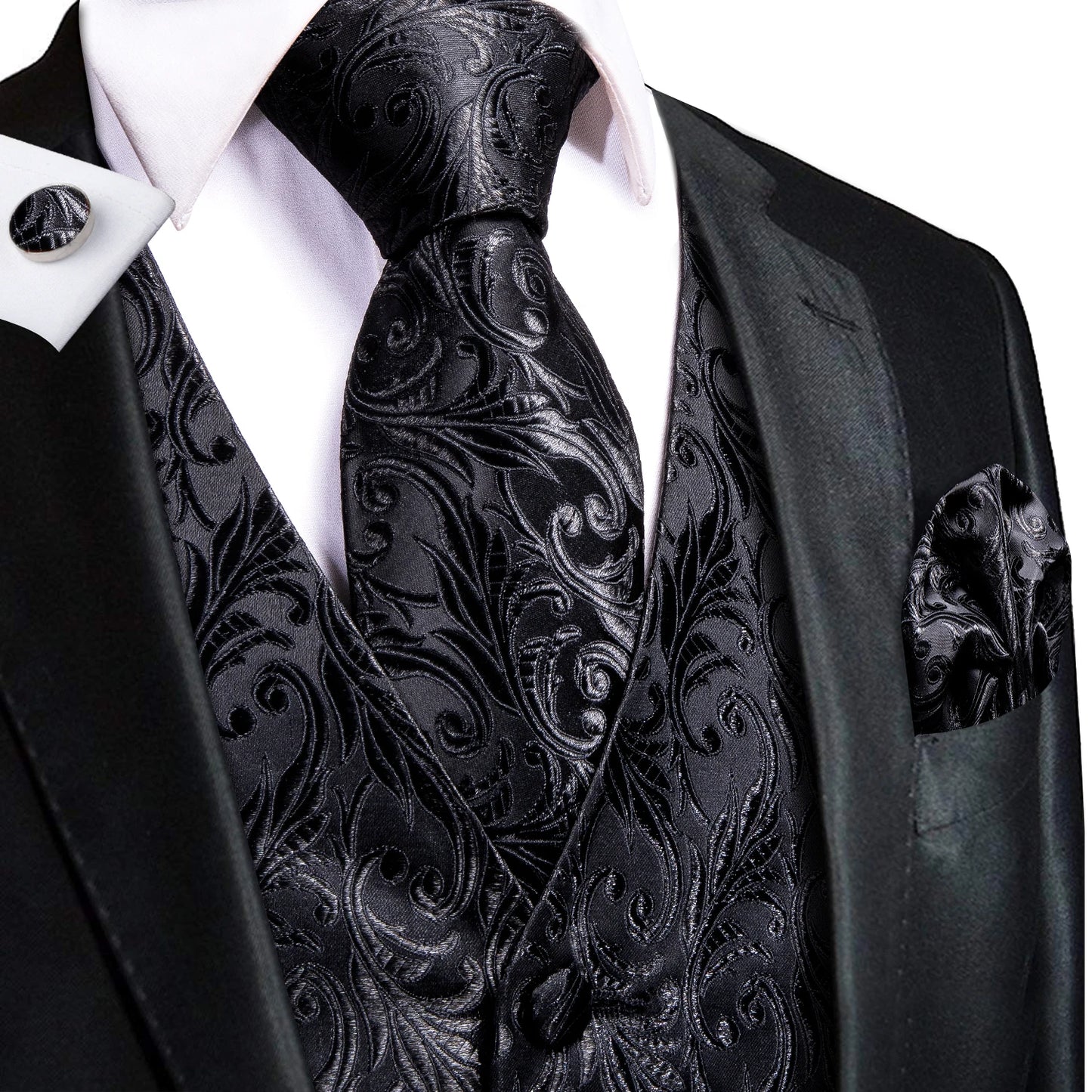 Hi-Tie Black Men Silk Vest Paisley Jacquard Necktie Hankerchief Cufflinks Sets Male Sleeveless V-Neck Waistcoat Business Formal