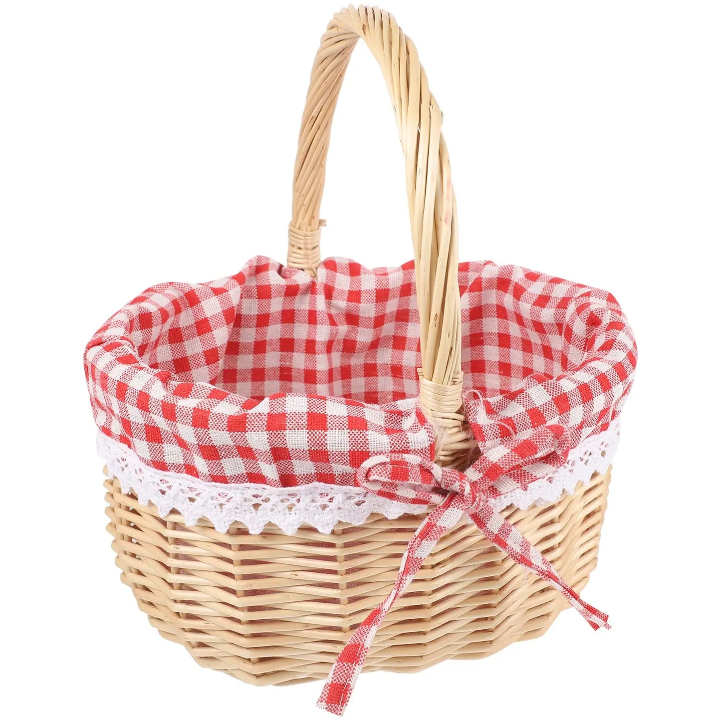 Hand Woven Picnic Bag Gift Basket Wicker Storage Basket Linen Inner Basket for Storage Use  (Primary Color Red Plaid Fabric)