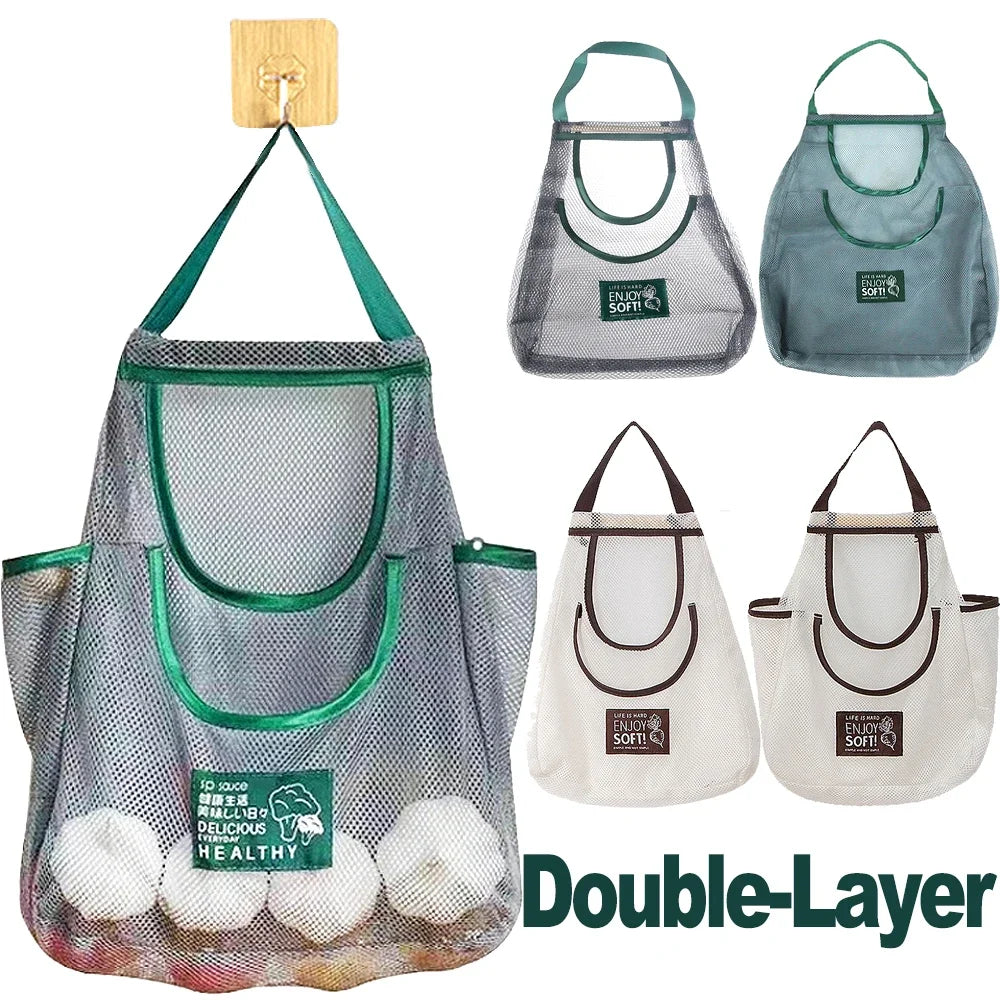 Reusable Kitchen Hanging Mesh Bag Fruit Vegetable Storage Net Bags for Ginger Garlic Potatoes Double Layer Thickening Storage