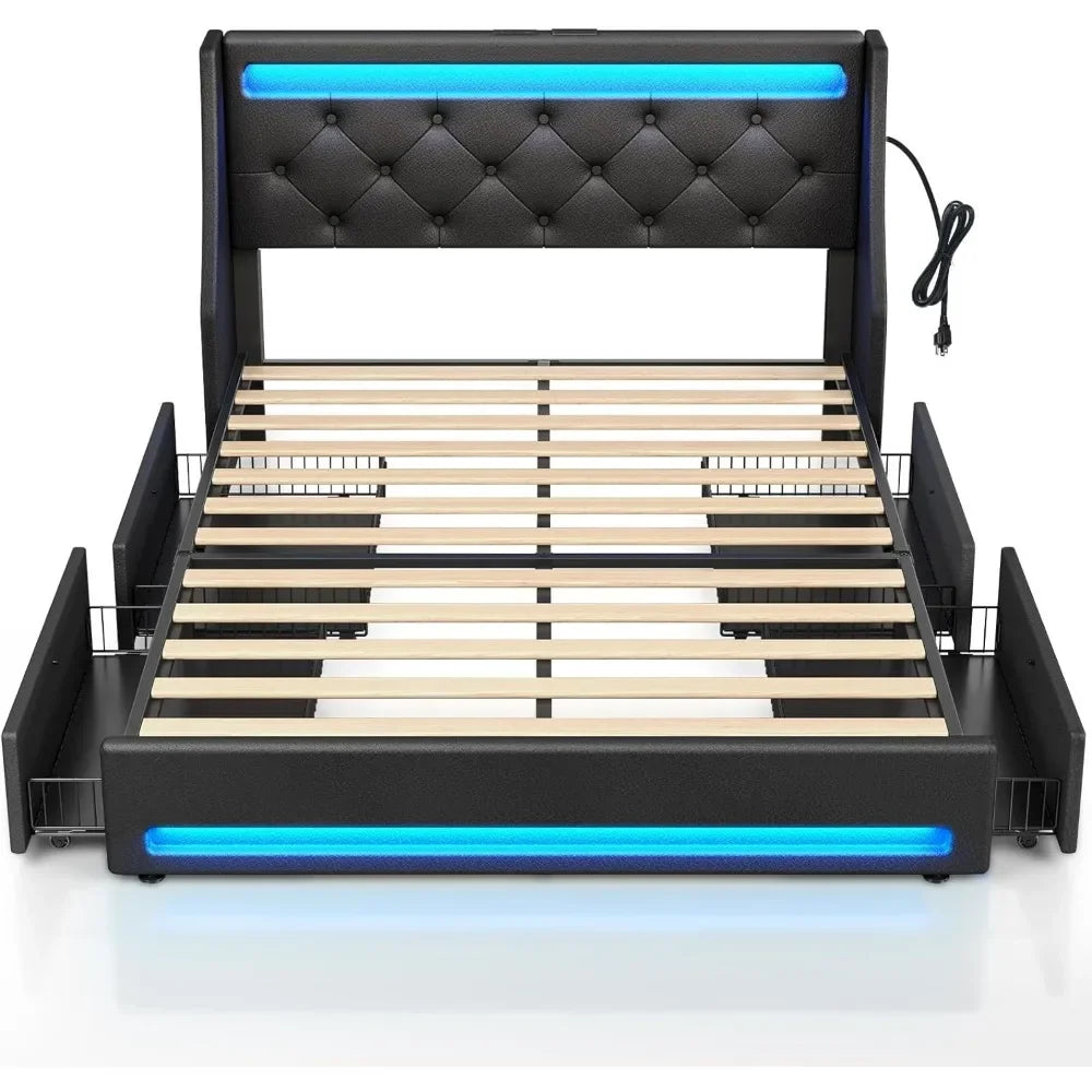 Twin Size Bed Frame with LED Lights and Charging Station, Upholstered Bed with Drawers, Wooden Planks, and Easy To Assemble