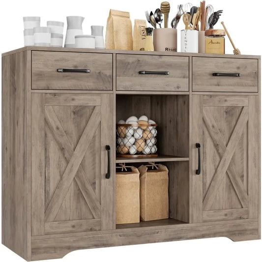 Modern Farmhouse Buffet Storage Cabinet, Barn Doors Wood Sideboard with Drawers and Shelves For Coffee Bar, Kitchen, Dining Room