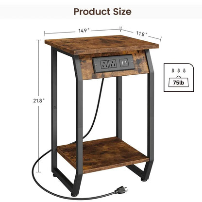 Side Table Vintage End Table with USB Charging Ports and Outlets for Small Space in Living Room Bedroom Bedside Nightstand