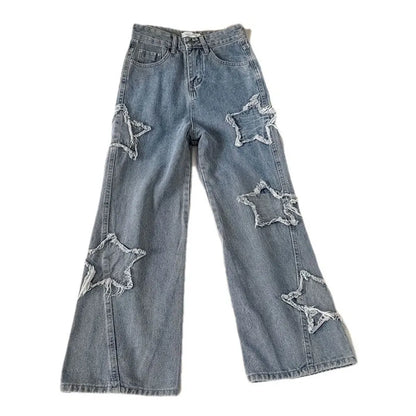 Denim Popular Ins Fashion Korean WIth Star 2023 Spring Autumn New High Waist Straight Leg Loose Fitting Jeans