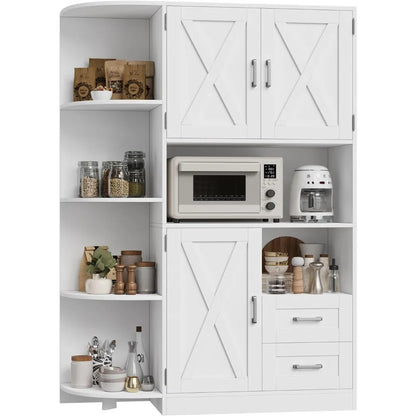 60.4" Farmhouse Kitchen Pantry Storage Cabinet, Freestanding Hutch with Doors & Shelves,Coffee Bar with Drawers