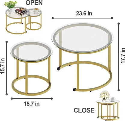 Gold Nesting Coffee Table Set of 2, Small Glass Nesting Tables for Living Room Bedroom, Accent Tea Table with Metal Frame