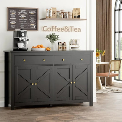 FOTOSOK Black Sideboard Buffet Cabinet with Storage, 55.1" Large Buffet Cabinet Kitchen Cabinet with 2 Drawers and 4 Doors