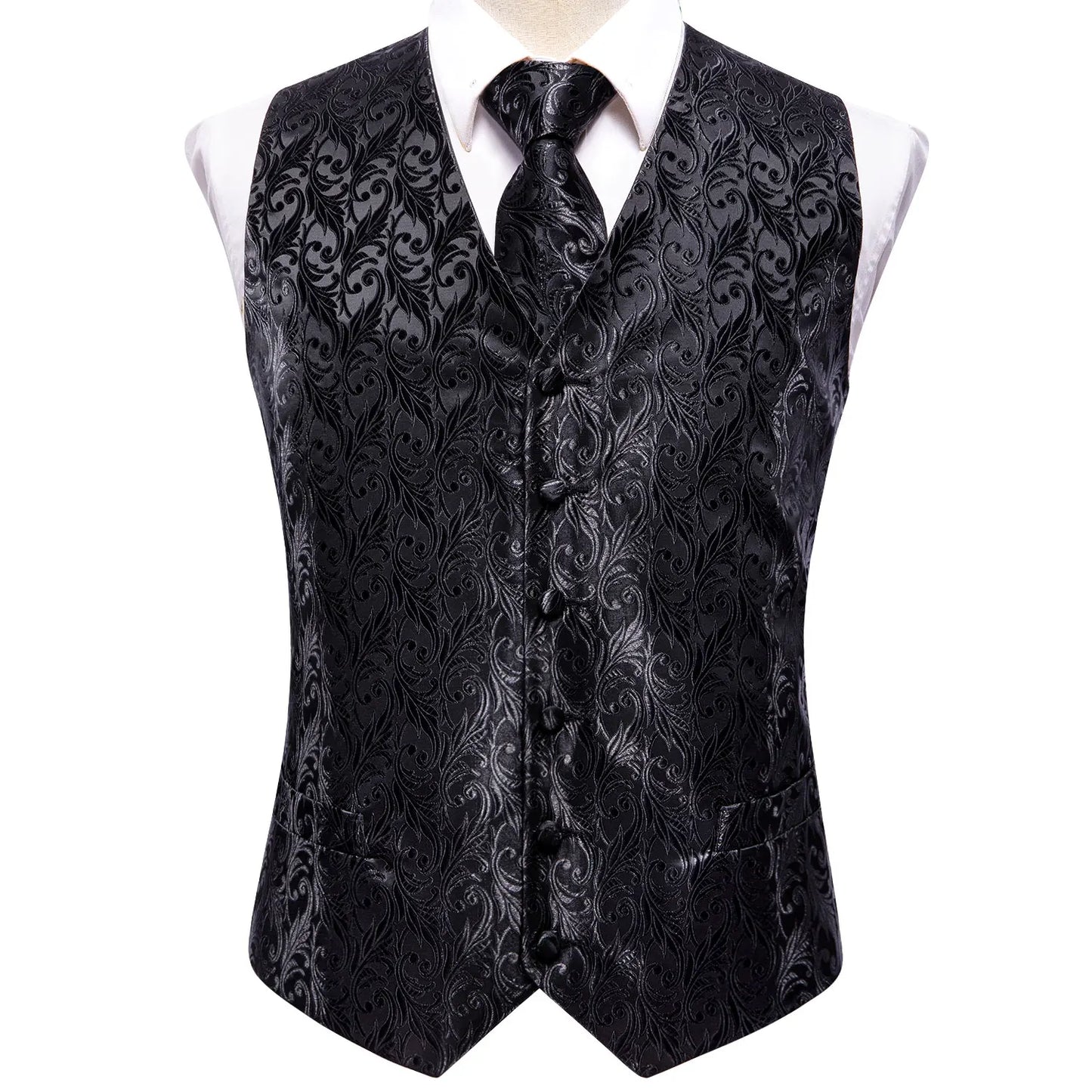 Hi-Tie Black Men Silk Vest Paisley Jacquard Necktie Hankerchief Cufflinks Sets Male Sleeveless V-Neck Waistcoat Business Formal