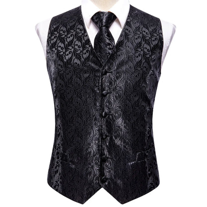 Hi-Tie Black Men Silk Vest Paisley Jacquard Necktie Hankerchief Cufflinks Sets Male Sleeveless V-Neck Waistcoat Business Formal