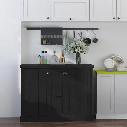 Fluted-Style Wooden Kitchen Island, Storage Cabinet w/Drawer, Open Shelving, and Interior Shelving for Dining Room, White