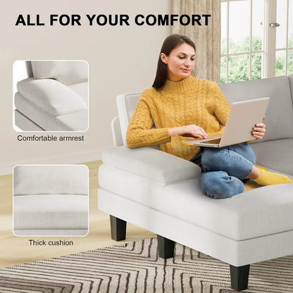 Living Room with Throw Pillows, U-Shaped Modern Minimalist Fabric Modular Sofa with Double Chaise & Memory Foam (White)