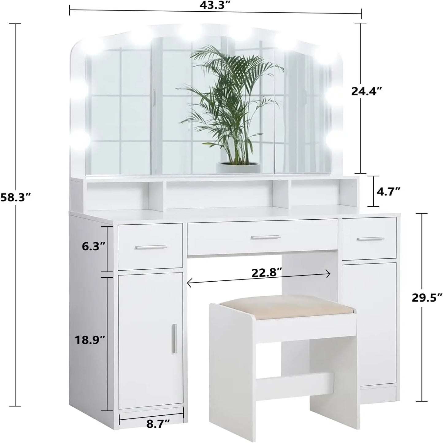 Modern Makeup Vanity Table with 3 Drawers, 2 Storage Cabinets & 10 LED Bulbs, Bedroom Dressing Table with Cushioned