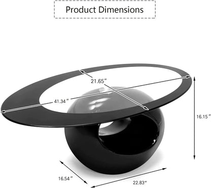 Contemporary Black Oval Glass Coffee Table with Round Hollow Base-Modern End Side Table for Home Living Room Furniture