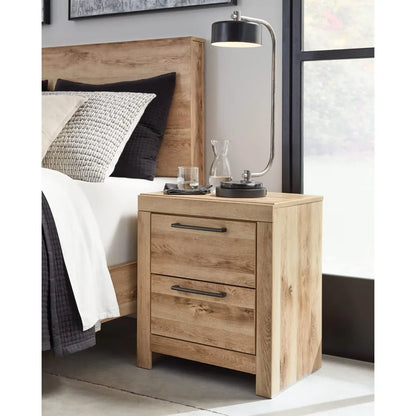 Hyanna Rustic 2 Drawer Nightstand with 2 USB Charging Ports, Light Brown, Furniture Bedroom , Night Stands for Bedroom