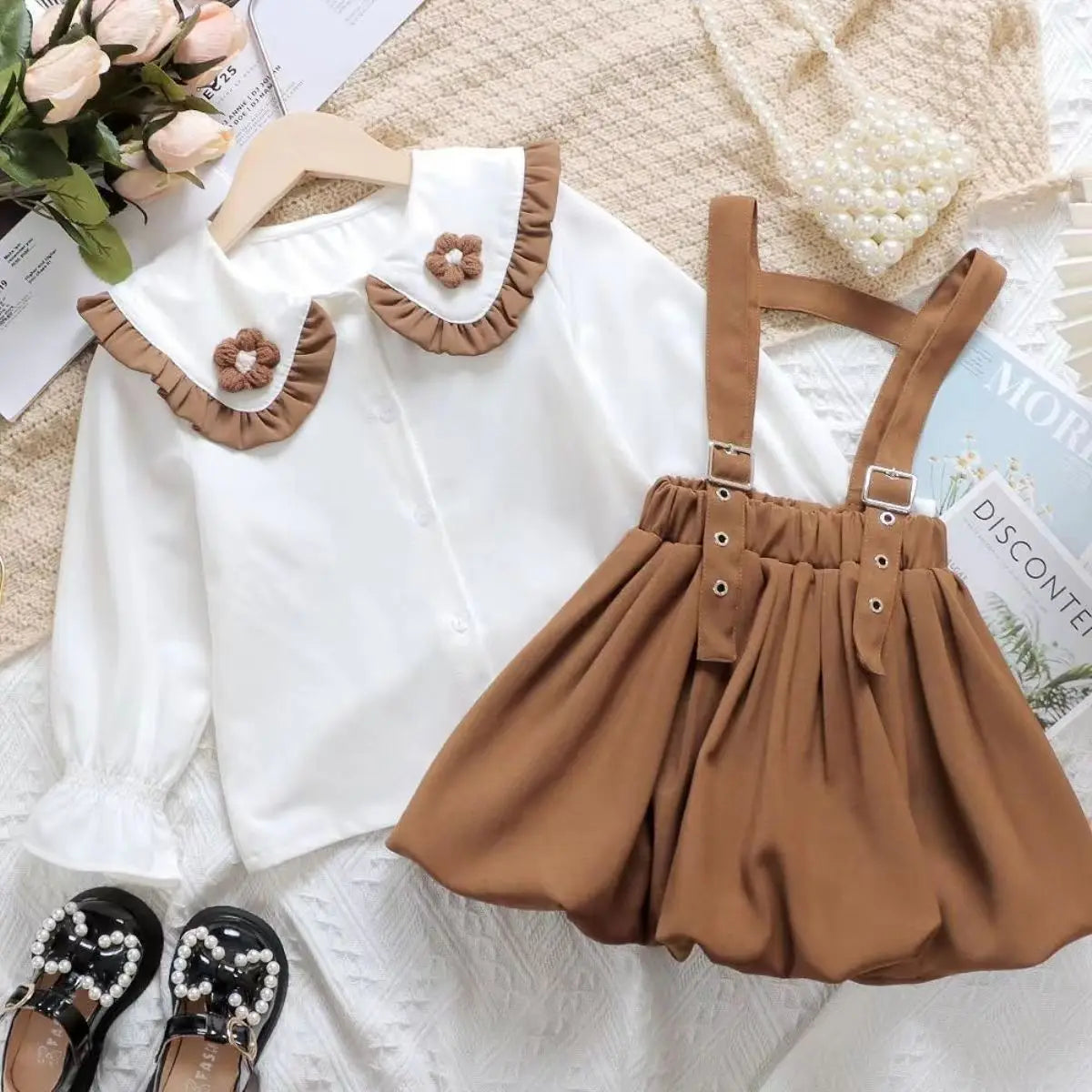 Kids Outfits Girls' Set Spring and Autumn 2023 New Western-style Fashion Splice Versatile Strap Dress Two Blouses Kids Outfits