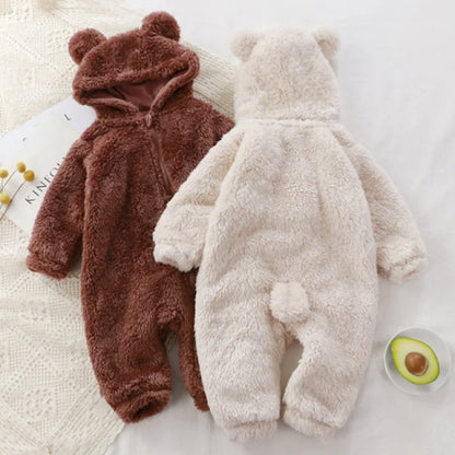 Thick Warm Baby Cute Winter Infant Jumpsuits Hooded Coral Fleece Bear Shape Newborn Soft Pajamas Overalls Clothing