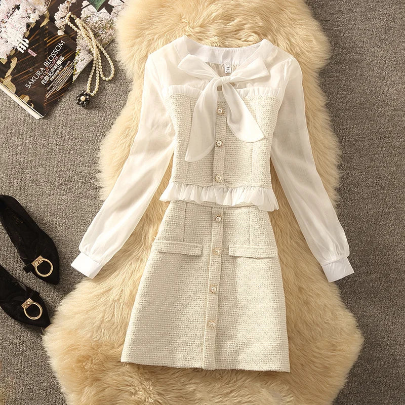 High Quality Autumn Elegant Fashion Small Fragrance 2 Piece Set Women Shirt Top + Tweed Skirt Suits Korean Sweet Two Peice Sets