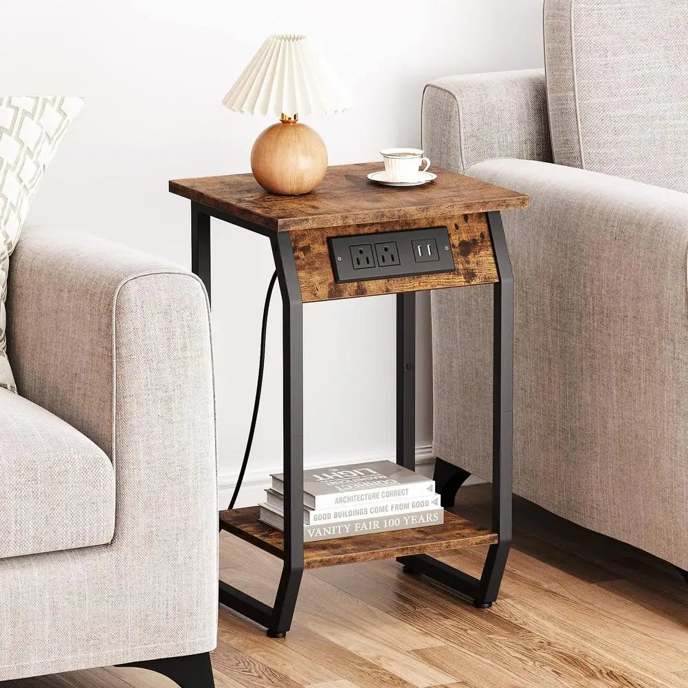 Side Table Vintage End Table with USB Charging Ports and Outlets for Small Space in Living Room Bedroom Bedside Nightstand