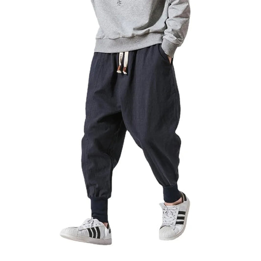 Cotton Linen Harem Pants Men Solid Elastic Waist Streetwear Joggers New Baggy Drop-crotch Pants Casual Trousers Men