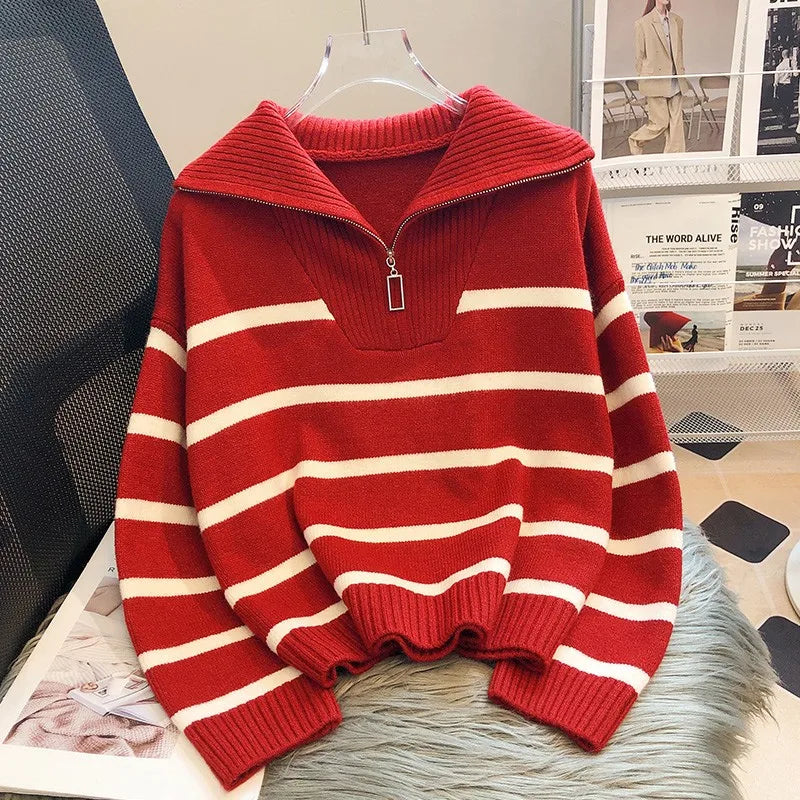 Casual Stripe Knitted Sweater 2023 Spring Autumn Fashion Vintage Half Zipper Pullover Women's Short Tops Loose Chic Sweaters