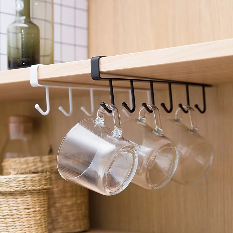 6 Hooks Cup Holder Hang Kitchen Cabinet Under Shelf Storage Rack Organizer Iron Multifunction Kitchenware Storage hook mx307155