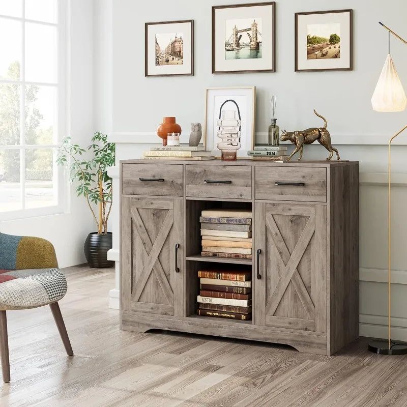 Modern Farmhouse Buffet Storage Cabinet, Barn Doors Wood Sideboard with Drawers and Shelves For Coffee Bar, Kitchen, Dining Room