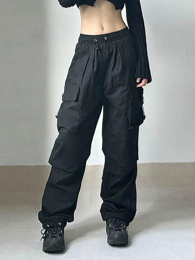 HOUZHOU Harajuku Oversized Cargo Parachute Pants Women Streetwear Vintage Y2k Hip Hop Wide Leg Joggers Baggy Sweatpants Techwear