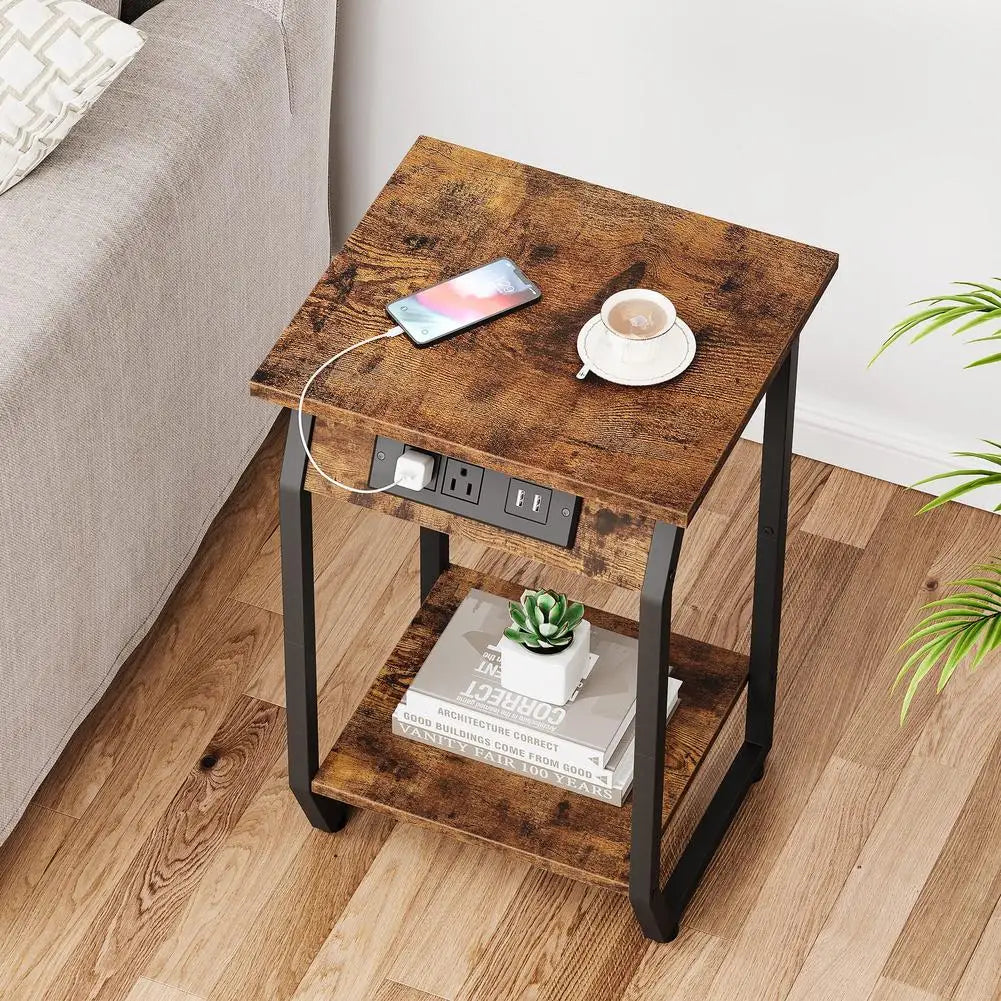 Side Table Vintage End Table with USB Charging Ports and Outlets for Small Space in Living Room Bedroom Bedside Nightstand