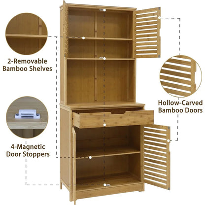 72'' Kitchen Pantry Cabinet Storage Hutch with Microwave Stand, Bamboo Freestanding Pantry Buffet Cabinet with Shelves